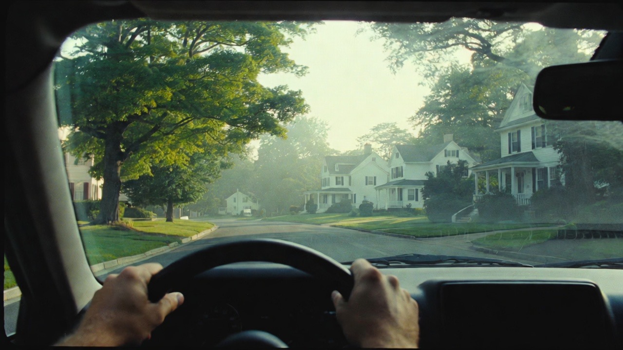 Driver point of view on a suburban road for defensive driving courses