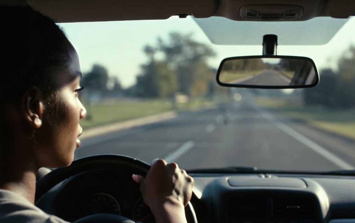Woman driving on a neighborhood road for defensive driving courses